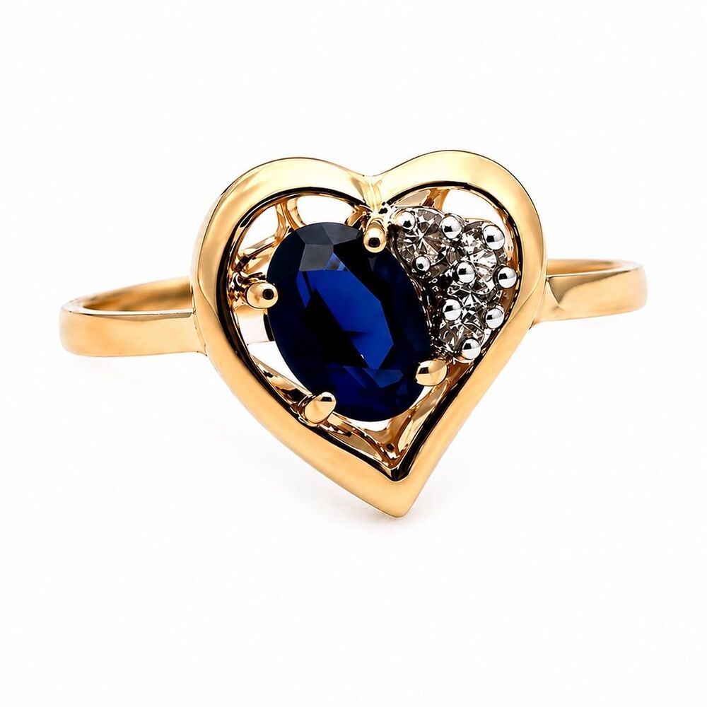 Vintage 1970s Ring Size 8 Blue Crystal Heart Cluster Gold Plated - 14I